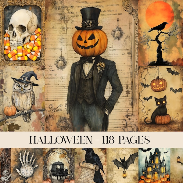 Halloween-junkdagboekpagina's, afdrukbaar spookachtig gotisch, digitale plakboekkit, vintage ephemera, collageblad pompoen, grimoire