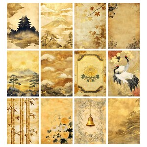 May include: A collection of twelve rectangular art prints with a vintage aesthetic. Each print features a different Japanese-inspired design, including landscapes, flowers, and traditional motifs, all in warm gold and sepia tones. The prints are ideal for wall decor.