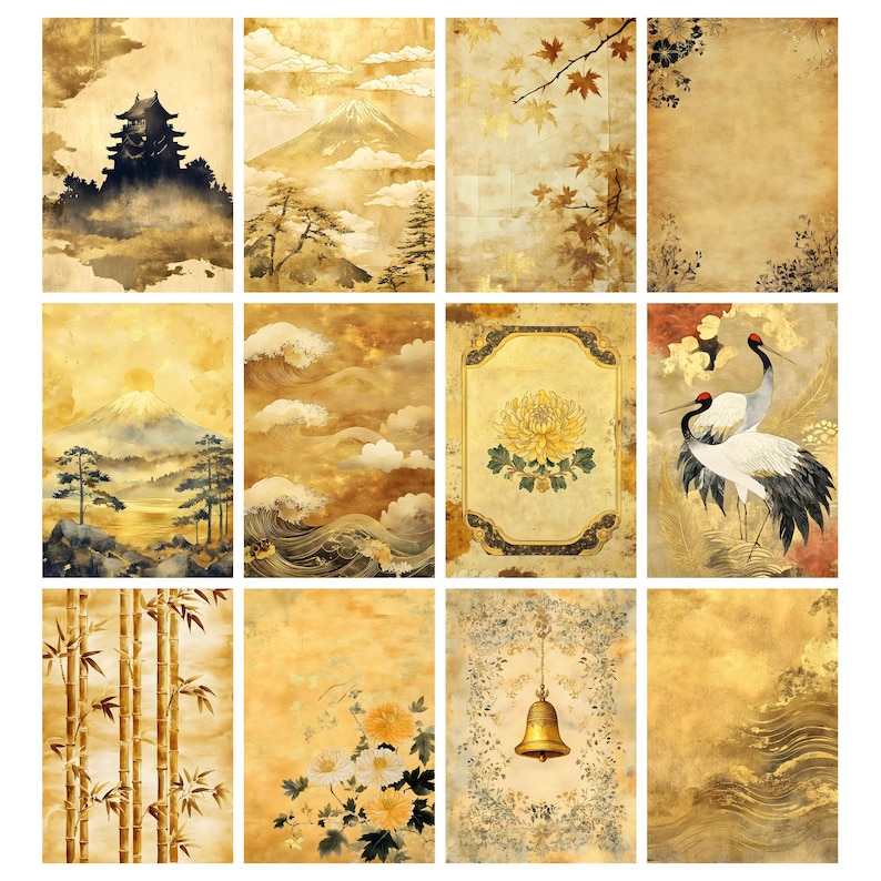 May include: A collection of twelve rectangular art prints with a vintage aesthetic. Each print features a different Japanese-inspired design, including landscapes, flowers, and traditional motifs, all in warm gold and sepia tones. The prints are ideal for wall decor.
