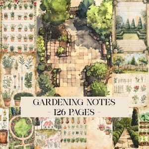 Könnte beinhalten: Aquarell-Journalseiten mit Gartenthema. Die Seiten zeigen Illustrationen von Pflanzen, Gartengeräten und Gartenlayouts. Der Text "GARDENING NOTES - 126 PAGES" ist prominent dargestellt. Die Farbpalette ist weich und erdig.