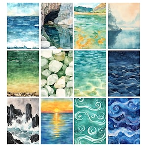 Op de afbeelding: Een verzameling aquarel schilderijen die verschillende oceaan- en water sc&egrave;nes uitbeelden. De afbeeldingen tonen golven, zonsondergangen, onderwaterzichten en kustlandschappen. Het kleurenpalet omvat blauw, groen en geel, wat een serene en natuurlijke esthetiek cre&euml;ert.