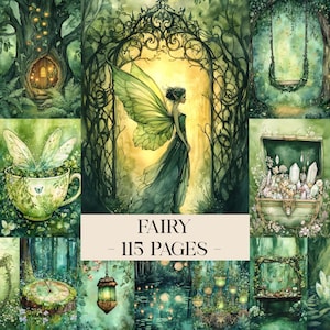 Puede incluir: Una colección de 115 páginas con ilustraciones de hadas en tonos verdes. Las imágenes incluyen un hada con vestido, una taza de té con alas, un hueco de árbol, un columpio, un cofre del tesoro con cristales, un reloj, una linterna y bosques.