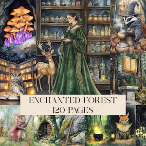 以下が含まれることがあります： 魔法の森をテーマにしたデジタルアートプリント。緑色のドレスを着た女性、鹿、フクロウ、さまざまな森の生き物が描かれています。「ENCHANTED FOREST - 120 PAGES -」のテキストが下部に表示されています。