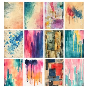 Puede incluir: Una colecci&oacute;n de doce impresiones art&iacute;sticas abstractas. Cada impresi&oacute;n presenta un dise&ntilde;o &uacute;nico de acuarela con diversas paletas de colores, incluyendo azules, rosas y amarillos. Algunas impresiones tienen goteos de pintura, otras salpicaduras o texturas en capas.