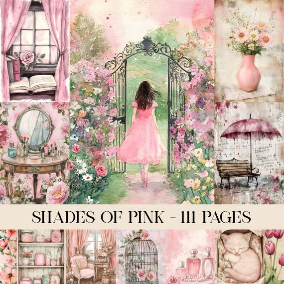 Vintage Shabby Chic Shades of Pink Junk Journal Pages, Pastel Journal Pages, Pink Journal, Antique Journal, Floral Ephemera, Scrapbook Paper