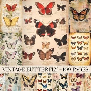 Vintage Butterfly Junk Journal Pages, Butterflies Printable Ephemera, Butterfly Journal, Old Insect Scrapbooking Collage Sheet Digital Paper