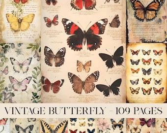 Vintage Butterfly Junk Journal Pages, Butterflies Printable Ephemera, Butterfly Journal, Old Insect Scrapbooking Collage Sheet Digital Paper