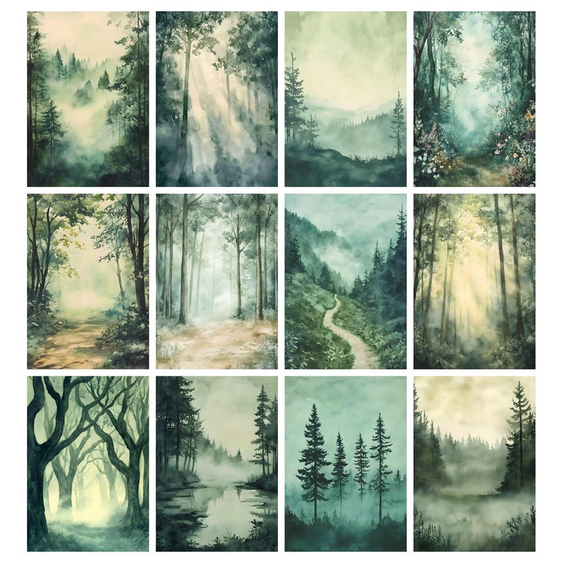 May include: A collection of twelve watercolor paintings depicting serene forest scenes. Each artwork showcases a different perspective of a misty forest, with trees, pathways, and sunlight filtering through the canopy. The color palette is dominated by greens, blues, and soft yellows.