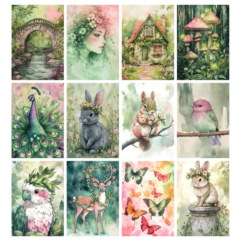 May include: A collection of twelve watercolor art prints featuring whimsical scenes. The prints depict a variety of subjects, including a peacock, a rabbit, a squirrel, a bird, a parrot, a deer, butterflies, a bridge, a house, a woman, and mushrooms.