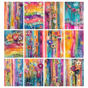 May include: A collection of colorful, vertical art pieces with a watercolor effect. Each piece features vibrant stripes in various colors, adorned with floral embellishments, buttons, and decorative elements. The artwork evokes a bohemian or artistic theme.