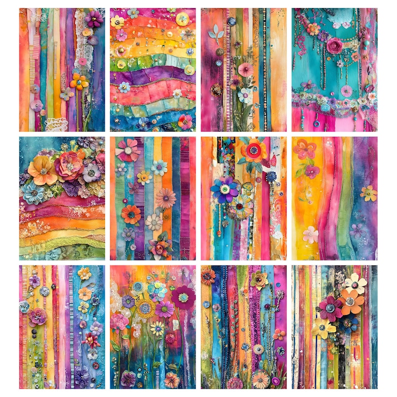 May include: A collection of colorful, vertical art pieces with a watercolor effect. Each piece features vibrant stripes in various colors, adorned with floral embellishments, buttons, and decorative elements. The artwork evokes a bohemian or artistic theme.