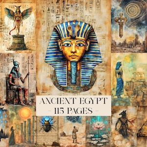May include: A collage of illustrations with an Ancient Egypt theme. The central image is a golden pharaoh's mask with blue and gold stripes. Other images include hieroglyphs, figures, and the text "ANCIENT EGYPT - 115 PAGES".