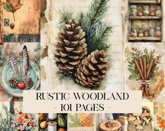 Rustic Woodland Digital Paper, Botanical Junk Journal Pages, Woodland Journal Rustic Nature Botanical Scrapbooking Collage Sheet Mixed Media