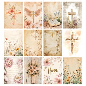 May include: A collection of watercolor art prints featuring crosses, flowers, and religious themes. The prints showcase various designs, including crosses adorned with floral arrangements, winged crosses, and floral backgrounds. The word "Hope" is also featured in one of the prints.