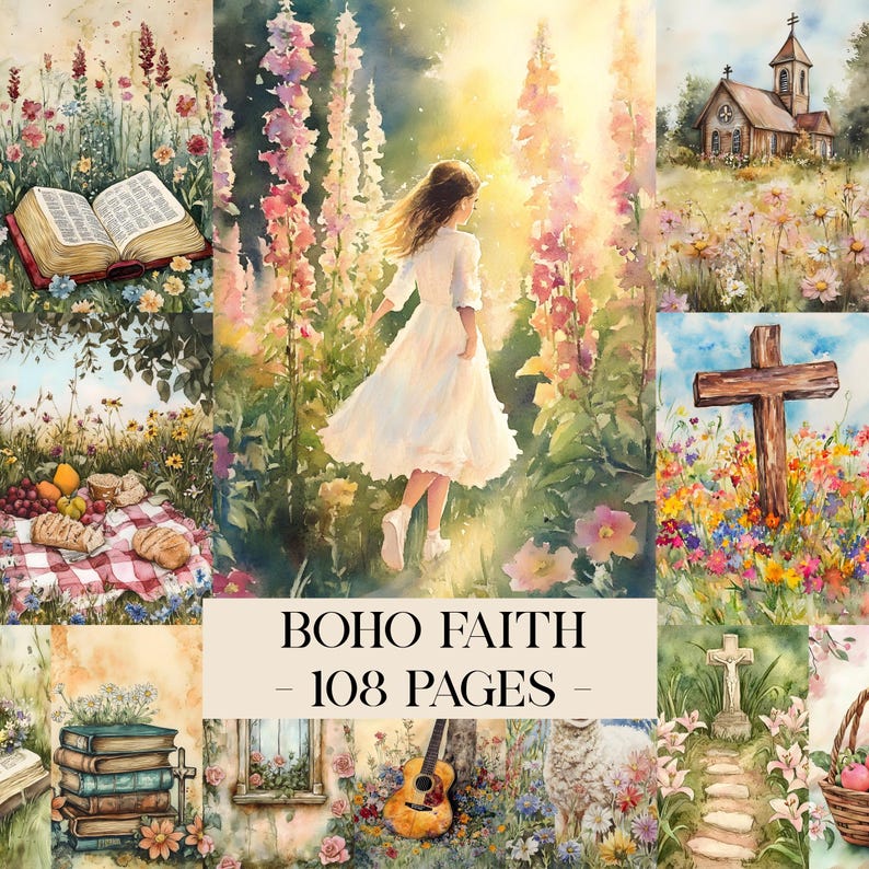 K&ouml;nnte beinhalten: Ein Aquarell-Collage mit einer Person in wei&szlig;em Kleid in einem Blumenfeld. Weitere Bilder zeigen eine Kirche, ein Kreuz, ein Picknick und B&uuml;cher. Der Text "BOHO FAITH - 108 PAGES" ist zu sehen.
