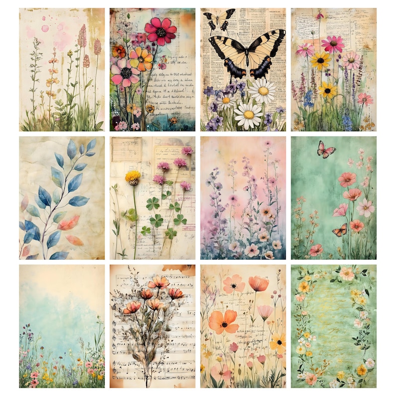 May include: A collection of twelve floral art prints. Each print features watercolor illustrations of flowers, butterflies, and foliage. The prints have a vintage aesthetic, with soft colors and textures, and some include handwritten text or musical notes.