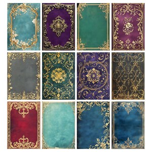 Puede incluir: Una colecci&oacute;n de doce portadas de libros decorativas con marcos dorados ornamentados y dise&ntilde;os florales o geom&eacute;tricos. Las portadas presentan una variedad de colores, incluyendo turquesa, morado, verde y burdeos, con una est&eacute;tica vintage texturizada.