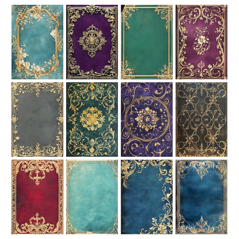 Puede incluir: Una colecci&oacute;n de doce portadas de libros decorativas con marcos dorados ornamentados y dise&ntilde;os florales o geom&eacute;tricos. Las portadas presentan una variedad de colores, incluyendo turquesa, morado, verde y burdeos, con una est&eacute;tica vintage texturizada.