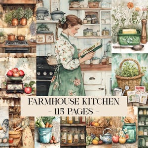 May include: A watercolour illustration depicting a farmhouse kitchen. A woman in a floral apron reads a cookbook. The image includes a stove, shelves with jars, a basket of herbs, and the text "FARMHOUSE KITCHEN - 115 PAGES".