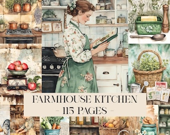 May include: Watercolor illustration of a farmhouse kitchen scene. A woman in a floral apron reads a cookbook. The image includes a stove, shelves with jars, a basket of herbs, and the text "FARMHOUSE KITCHEN - 115 PAGES".