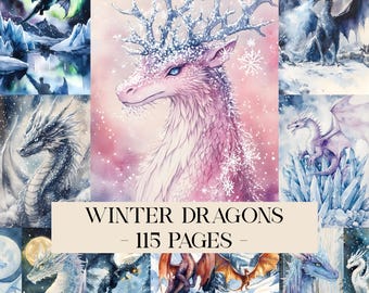 Winter Dragons Junk Journal Pages, Digital Collage Printables, Winter Journal, Dragons Forest, Dragon Journal, Fantasy Journal Ephemera