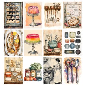 Pode incluir: Ilustra&ccedil;&otilde;es em aquarela de v&aacute;rios itens de cozinha e relacionados a alimentos. As imagens incluem produtos de panifica&ccedil;&atilde;o em um arm&aacute;rio, sobremesas de gelatina coloridas, utens&iacute;lios de cozinha, um prato de peixe e uma mulher em uma cozinha com uma crian&ccedil;a.
