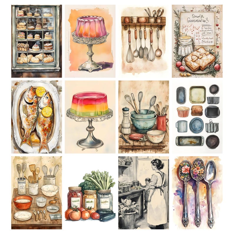 Pode incluir: Ilustra&ccedil;&otilde;es em aquarela de v&aacute;rios itens de cozinha e relacionados a alimentos. As imagens incluem produtos de panifica&ccedil;&atilde;o em um arm&aacute;rio, sobremesas de gelatina coloridas, utens&iacute;lios de cozinha, um prato de peixe e uma mulher em uma cozinha com uma crian&ccedil;a.