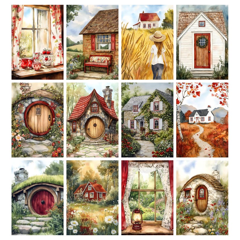 May include: Watercolor paintings of charming cottages and homes. The images feature various architectural styles, including quaint hobbit-hole-like dwellings, traditional houses with red accents, and idyllic scenes with lush gardens and fields. The color palette includes warm tones.