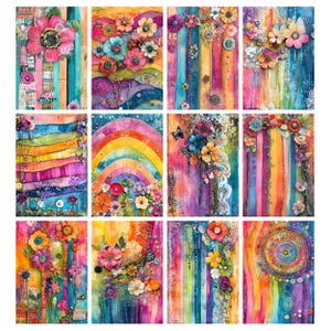 May include: A collection of twelve vibrant, colorful floral art prints. Each print features a unique arrangement of flowers in shades of pink, orange, yellow, blue, and purple, set against a background of vertical stripes and watercolor textures. The artwork evokes a bohemian, artistic style.