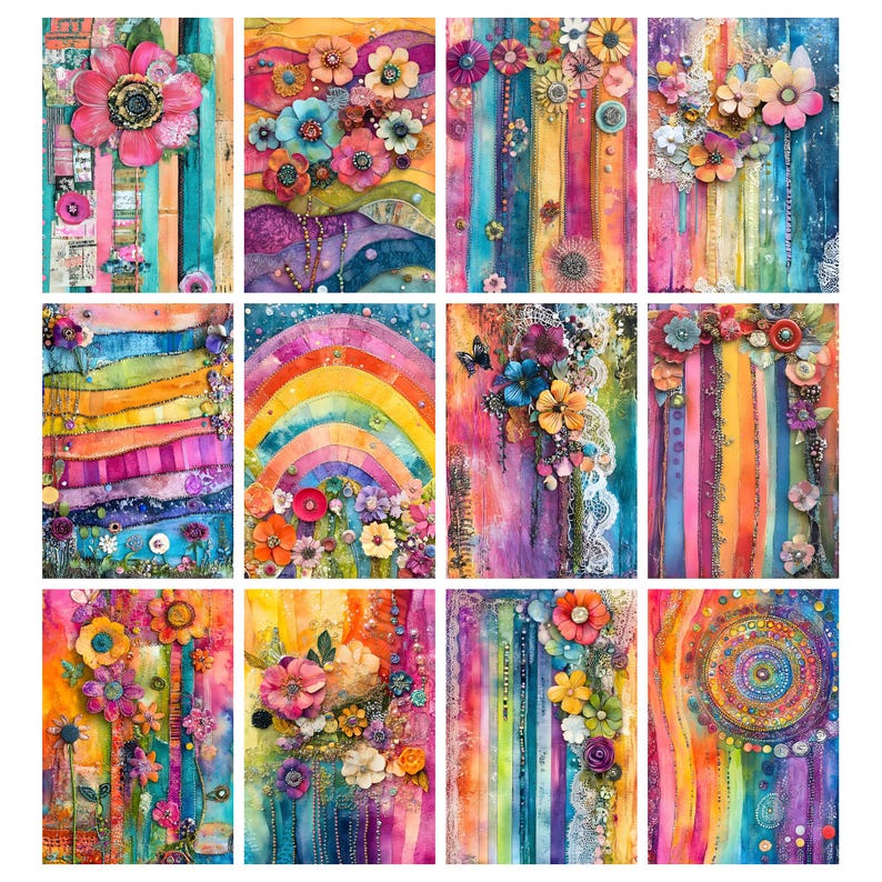 May include: A collection of twelve vibrant, colorful floral art prints. Each print features a unique arrangement of flowers in shades of pink, orange, yellow, blue, and purple, set against a background of vertical stripes and watercolor textures. The artwork evokes a bohemian, artistic style.