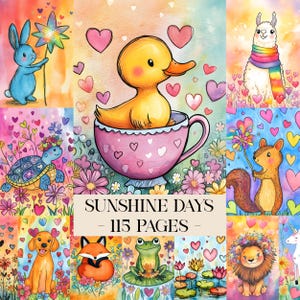 Könnte beinhalten: Eine farbenfrohe Illustration mit verschiedenen niedlichen Tieren, darunter ein Hase, eine Ente, ein Lama und ein Eichhörnchen. Der Text "SUNSHINE DAYS - 115 PAGES" ist zu sehen. Das Kunstwerk hat einen Aquarellstil mit Herzen und Blumen.