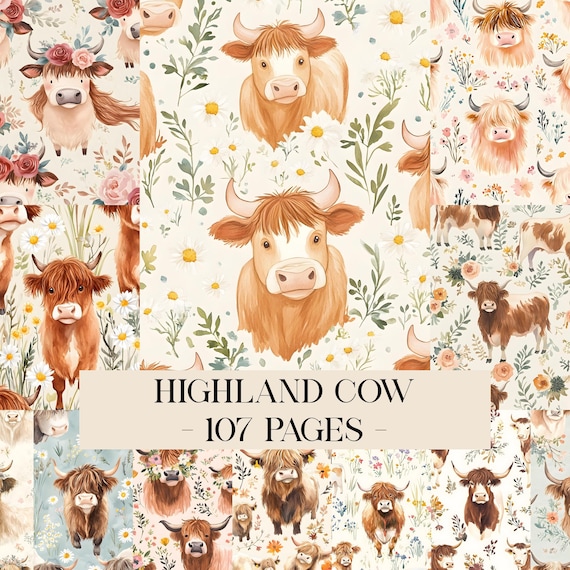 Highland Cow Pattern, Cottagecore Cows Junk Journal Pages, Country Cow Paper, Cute Cow Design, Highland Cow Print, Digital Farm Animal Print