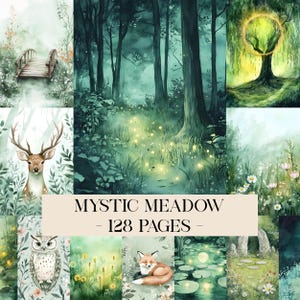 May include: A collection of watercolor illustrations with a mystical forest theme. The images include a deer, an owl, a fox, a bridge, and a forest scene with glowing lights. The text "MYSTIC MEADOW - 128 PAGES -" is displayed.