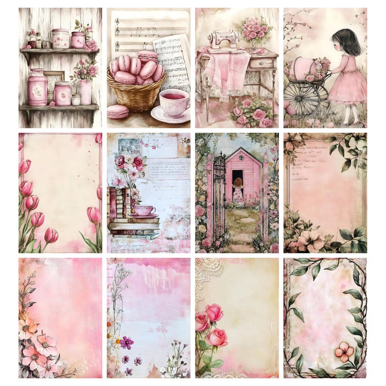 May include: A collection of watercolor illustrations with a vintage aesthetic. The images feature pink and cream tones, depicting scenes with flowers, teacups, macarons, a sewing machine, and a girl with a wheelbarrow. The overall theme is romantic and feminine.