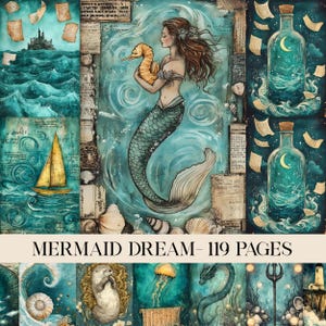 May include: A watercolor illustration featuring a mermaid holding a seahorse, with a teal and blue color scheme. The image includes nautical elements like seashells, a sailboat, and bottles with moons. The text "MERMAID DREAM - 119 PAGES" is at the bottom.