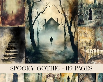 May include: A collection of watercolor paintings with a spooky gothic theme. The images depict scenes of a haunted house, a graveyard, and a person walking through a foggy forest. The text "SPOOKY GOTHIC - 119 PAGES" is displayed at the bottom.