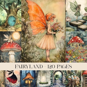 Op de afbeelding: Een aquarel illustratie met een verzameling grillige feeënscènes. De afbeeldingen bevatten een fee met oranje vleugels, een paddenstoelenhuis, een boom met een blauwe deur en de tekst "FAIRYLAND - 120 PAGES".
