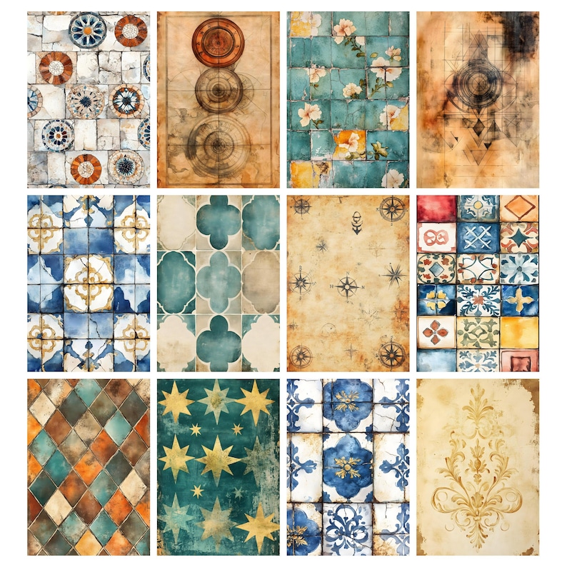 May include: A collection of twelve decorative art prints featuring various patterns and designs. The prints showcase a range of styles, including tile motifs, compass roses, floral arrangements, and geometric shapes. The color palette includes blues, greens, oranges, and golds.