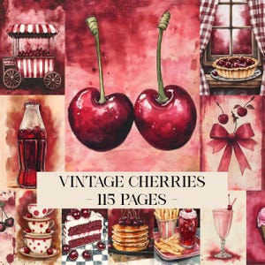 Cherry Junk Journal, Vintagekörsbär, Retro, Cherry Journal-sidor, Digitala körsbärspapper, Utskrivbara körsbär, Utskrivbara papper, Decoupage