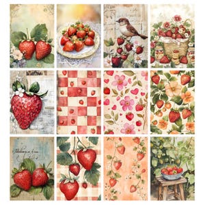 Puede incluir: Una colecci&oacute;n de ilustraciones en acuarela con fresas. Las im&aacute;genes incluyen primeros planos de fresas maduras, arreglos en platos y cestas, y patrones con motivos de fresas. Elementos florales y vintage realzan los dise&ntilde;os.