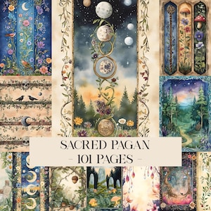 Pode incluir: Uma coleção de páginas ilustradas com temas naturais e celestiais, incluindo luas, florestas, crânios, corvos e flores. O texto central diz SACRED PAGAN - 101 PAGES - em fonte serifada preta sobre um fundo retangular bege claro.
