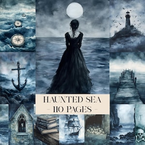 Può includere: Una collezione di illustrazioni ad acquerello a tema gotico. Le immagini includono una donna in abito nero, un faro, un molo, una nave ed elementi nautici. È presente anche il testo "HAUNTED SEA - 110 PAGINE".