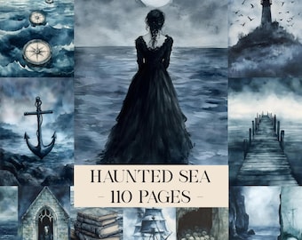 Haunted Sea Junk Journal Bilder, Dark Ocean Scrapbook Bild, Digital Junk Journal Papier Bundle, Blau Aquarell Mariner Digital Papiere