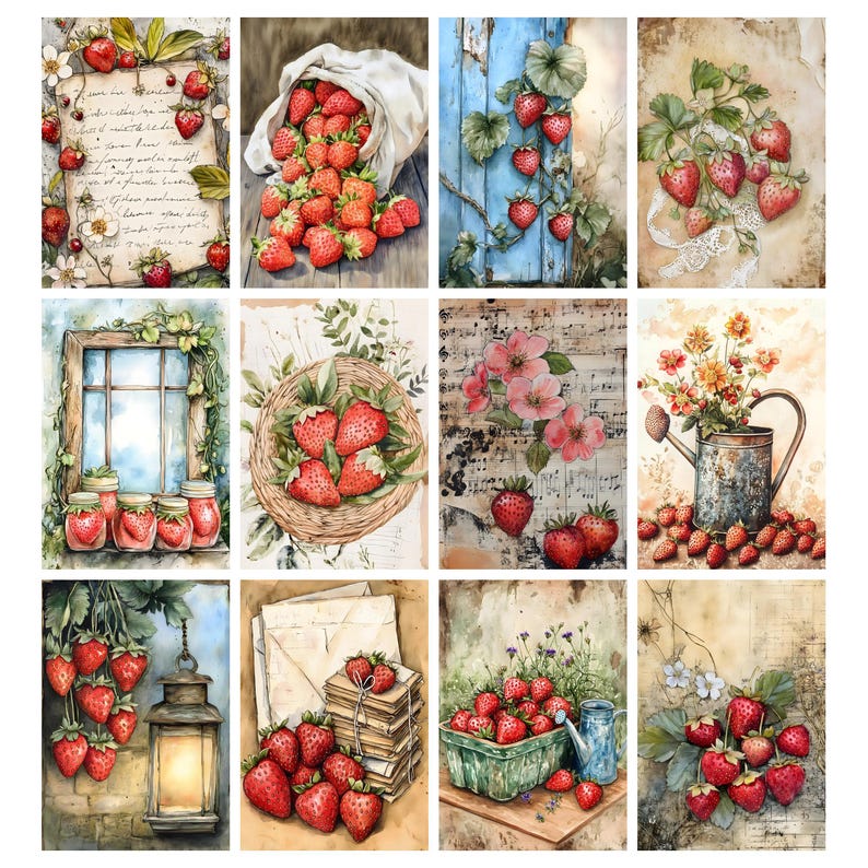 Puede incluir: Una colecci&oacute;n de ilustraciones en acuarela con fresas. Las im&aacute;genes muestran fresas saliendo de un saco, creciendo en vides, en una cesta y en tarros. Algunas im&aacute;genes tienen fondos florales y de papel vintage.