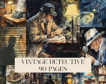 May include: Watercolor collage featuring vintage detective scenes. Images include a detective writing at a desk, a man examining evidence with a magnifying glass, and a detective searching a crime scene. Text reads "VINTAGE DETECTIVE - 90 PAGES".
