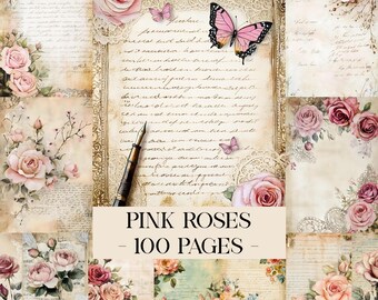 May include: A collage of vintage-style papers with watercolor pink roses, butterflies, and handwritten script. The text "PINK ROSES - 100 PAGES" is displayed in a serif font. The overall aesthetic is romantic and antique.