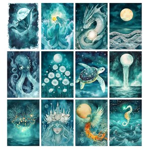May include: A collection of twelve watercolor art prints featuring aquatic and celestial themes. Each print showcases a different scene, including a manta ray, mermaid, dragon, octopus, turtle, and seahorse, all in shades of teal and blue with a full moon.