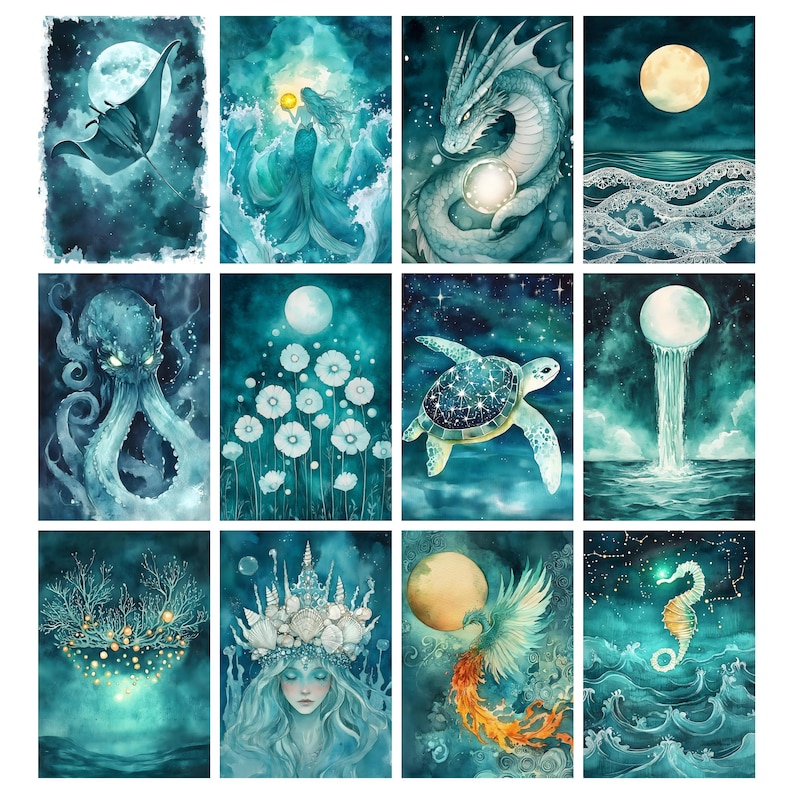 May include: A collection of twelve watercolor art prints featuring aquatic and celestial themes. Each print showcases a different scene, including a manta ray, mermaid, dragon, octopus, turtle, and seahorse, all in shades of teal and blue with a full moon.