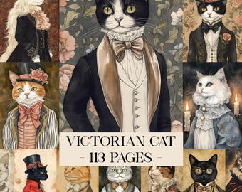 Efímeras victorianas de retratos de gatos steampunk, páginas de diario basura de gatos victorianos, efímeras vintage de gatos, efímeras de gatitos, papeles digitales de gatos