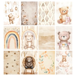 May include: A collection of watercolor illustrations featuring teddy bears and related elements. The images include a bear holding a star, a bear with a rainbow, and a bear sitting in a wicker chair. Soft pastel colors and a whimsical theme.